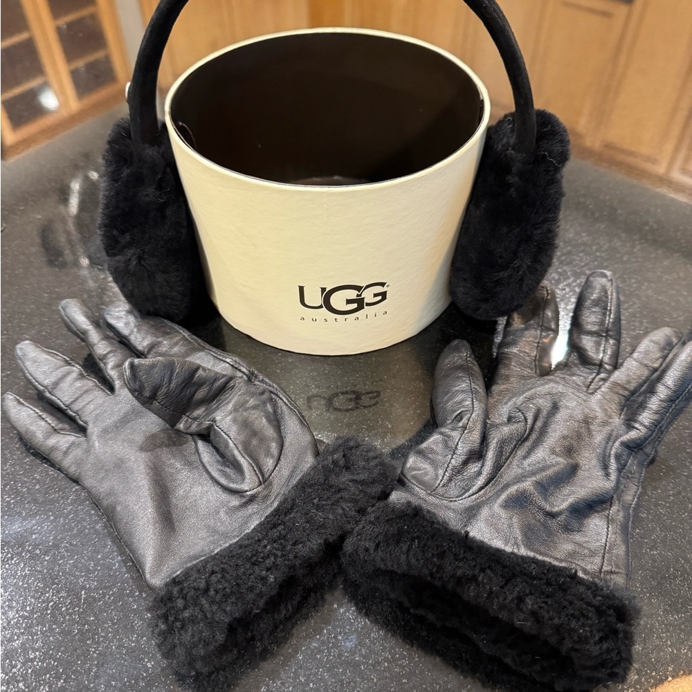 UGG Black Leather Gloves and Earmuffs Set